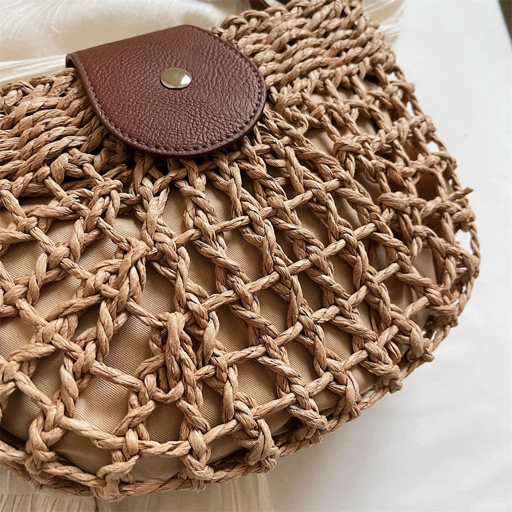 Straw Knitted Shoulder Bag With Bowknot Handmade for Women