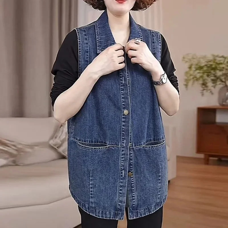 Lightweight Loose Denim Vest With Button Closure For Women