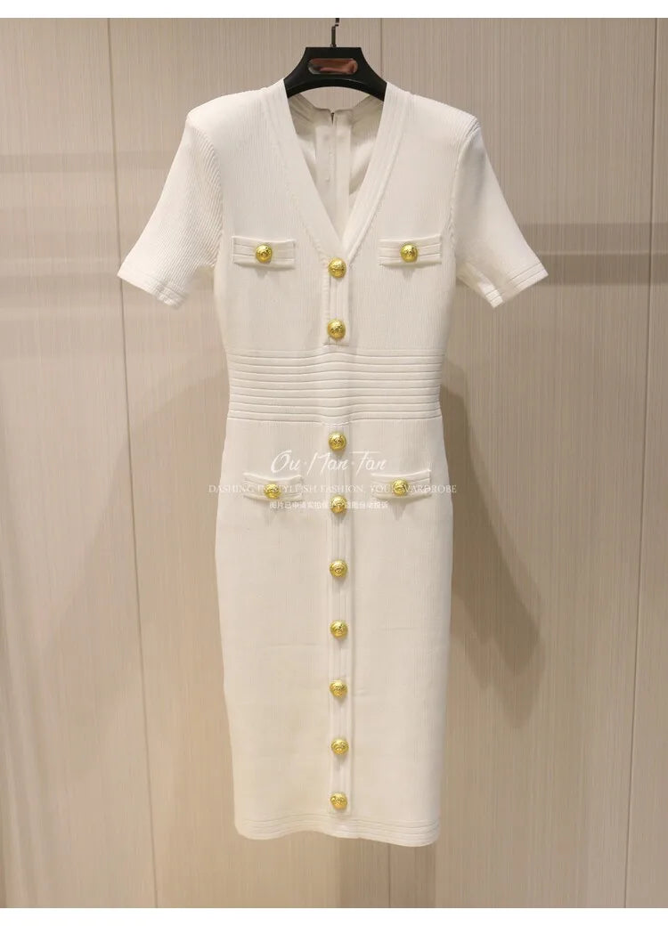 2026 Summer Fashion V-neck Metallic Buckle Knit Bodycon Midi Dress Women's Commute Slim Fit Elegant Short Sleeve Dresses
