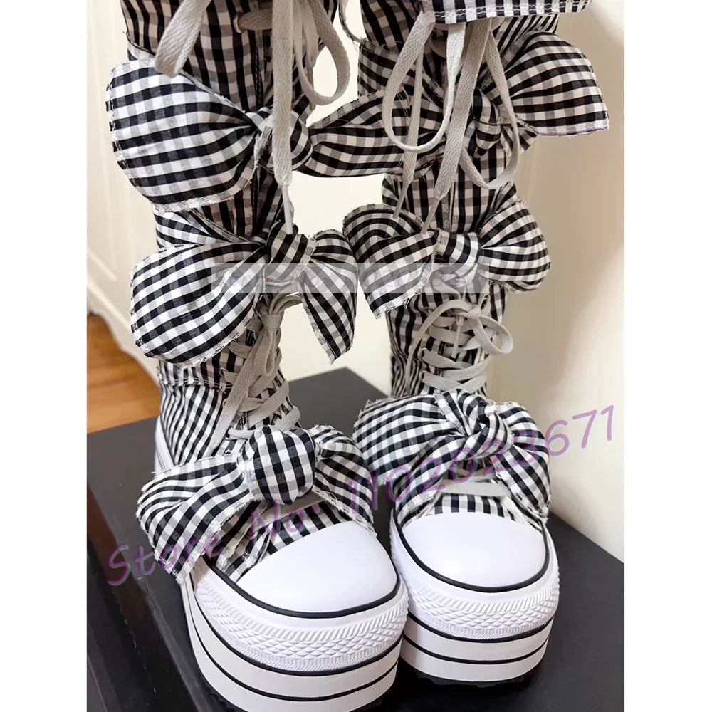 Bowknots Thick-sole Long Canvas Shoes Women Trendy Round Toe Cool Plaid Shoes Girl's Lolita Sweet Lace-up Platform Tall Boots