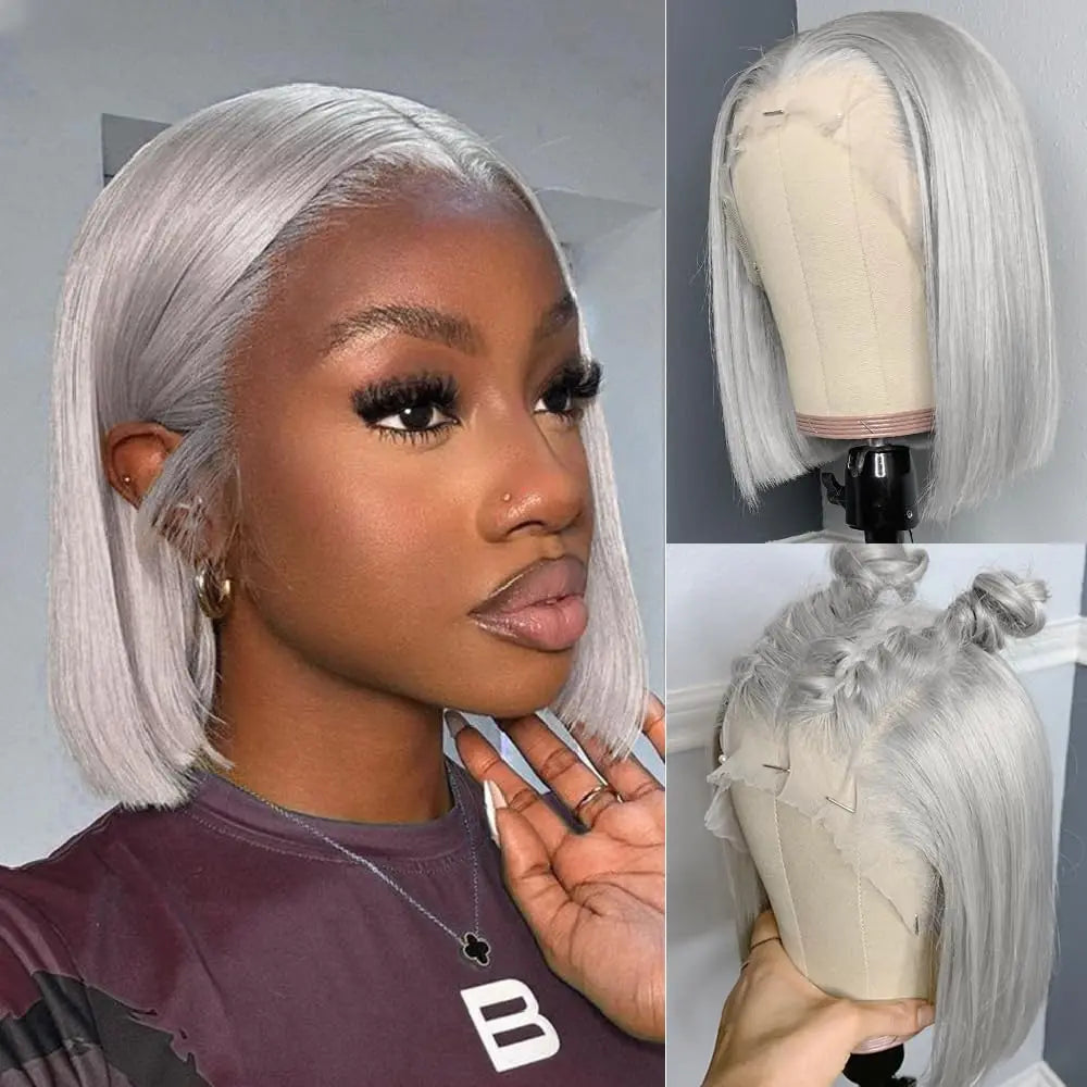 Premium Straight Gray Lace Front Bob Hair Wig for Women