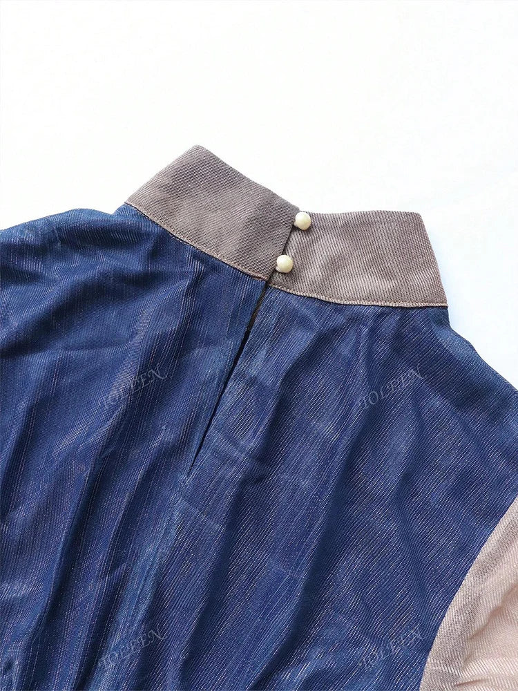 TOLEEN 2024 New Women's Luxury Elegant Party Evening Dress With Stand Collar, Lantern Sleeves, And Ruffle Hem In Gradient Fabric