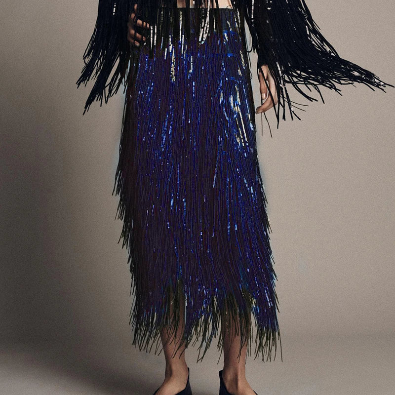 Fashion Lapel Button Shirt & Fringed Skirt Set Women Casual Long Sleeve Party Skirt Outfits Elegant Sequined Long Skirt 2Pc Suit