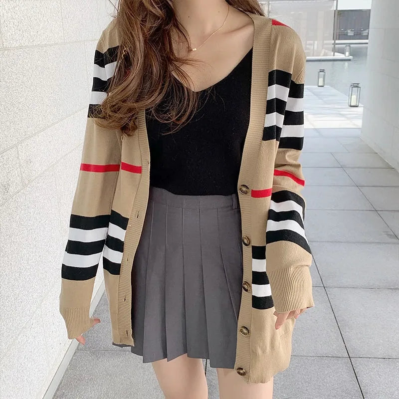 Women's Coat Spring and Autumn Classic Striped Color-block V-neck Mid-length Knitted Cardigan Loose Sweater Coat