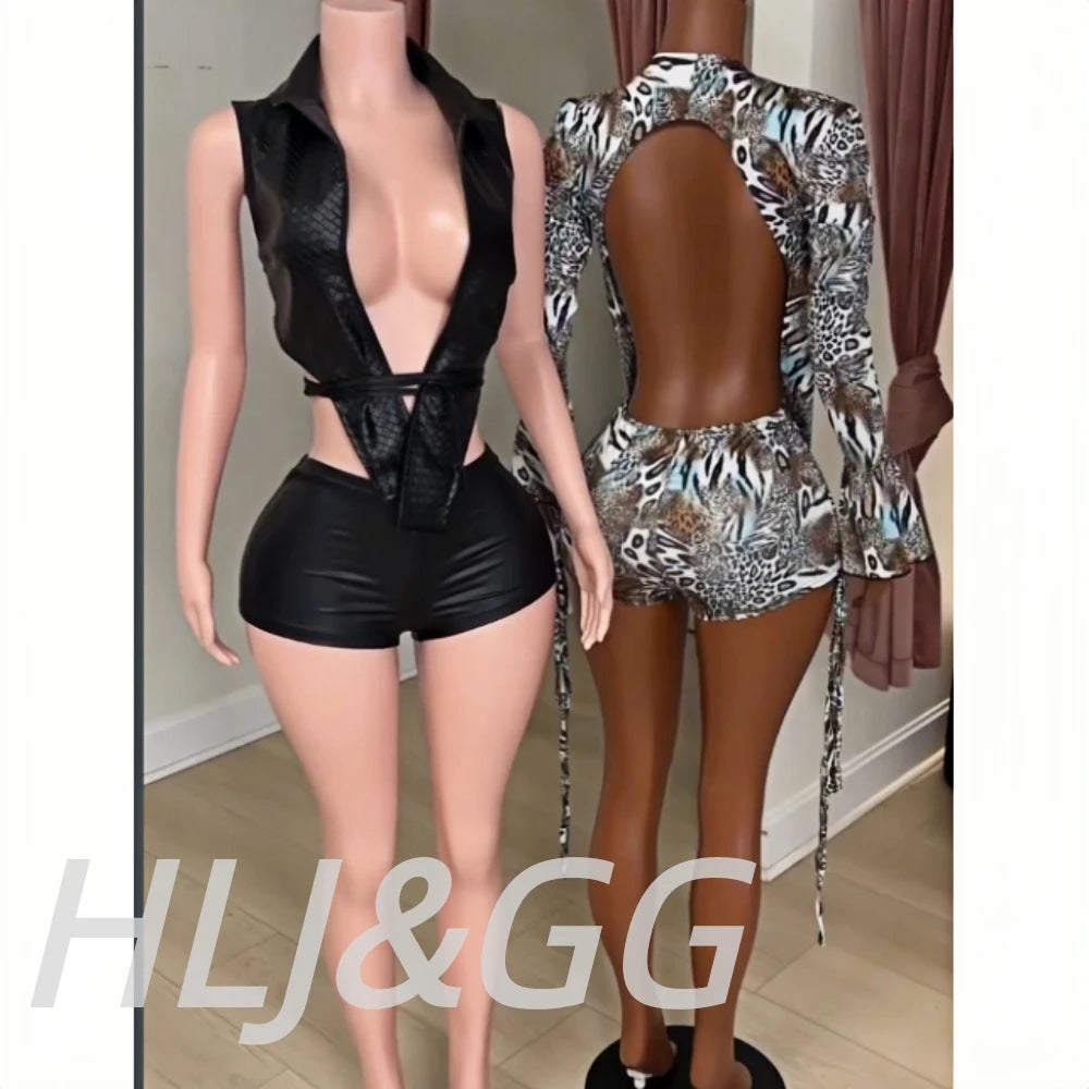 Sleek Black Leather Sleeveless Backless Two Piece Set for Women