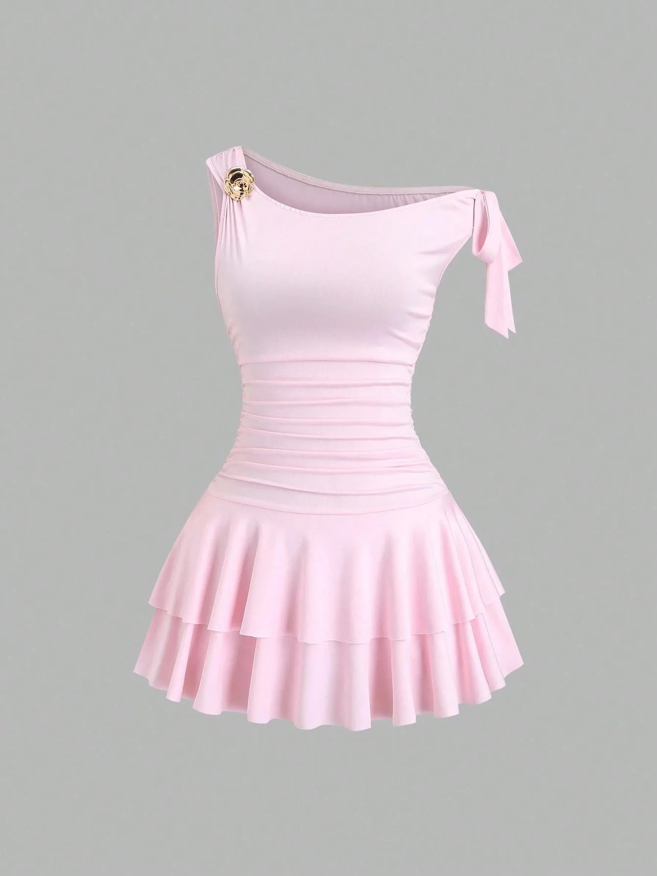 One Shoulder Layered Ruched Floral Mini Dress for Women