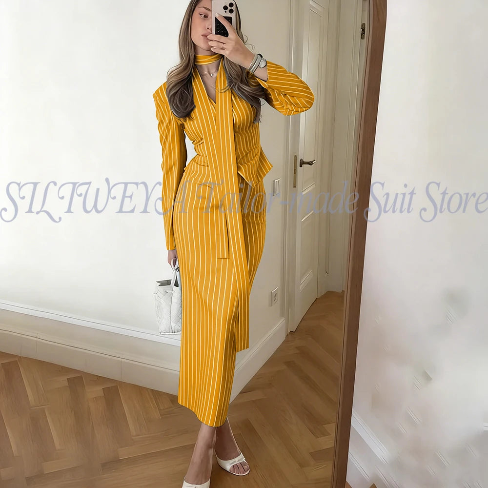 Single Breasted Blue Striped Blazer Skirt Set for Women