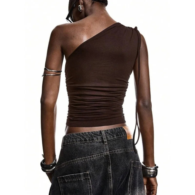 One Shoulder Crop Top with Metal Eyelets for Women