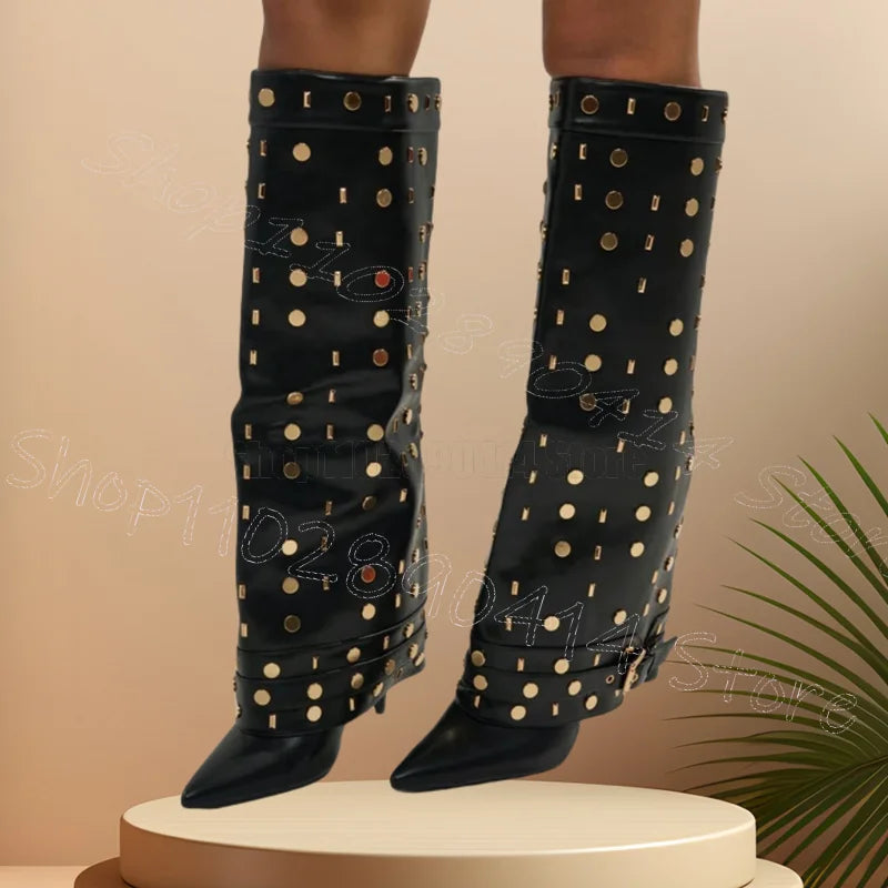 Black Fold Over Ankle Boots With Gold Rivet Buckle For Women