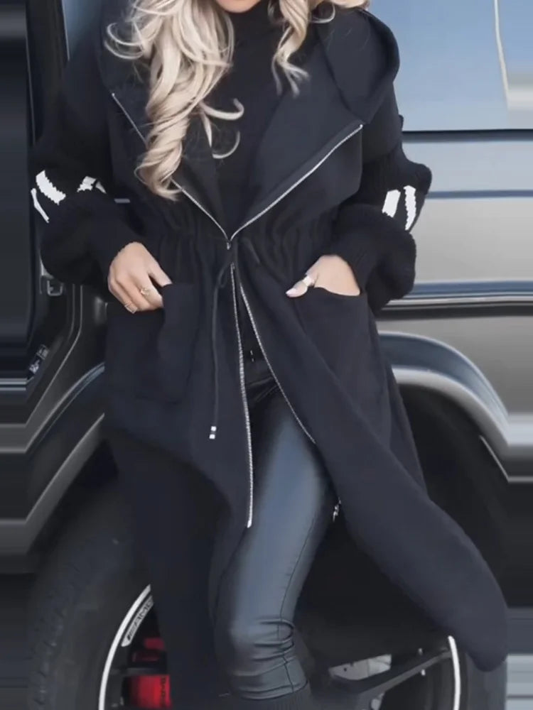 New Hooded Long Sleeve Cardigan Coat, Women Autumn Winter Simple Patchwork Zipper Jackets, Casual Lace-Up Fashion Maxi Outerwear