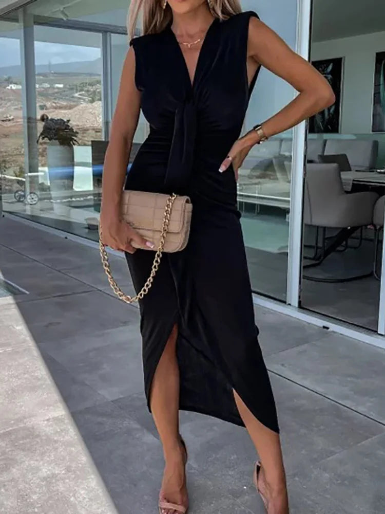 Office Lady Loungewear Deep V-Neck Maxi Dress Women Summer Sleeveless Solid Slim Fit Folds Party Dress Streetwear Dropshipping