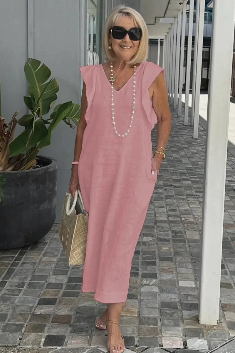 Back Tie Flutter Sleeve Ankle Length Linen Dress for Women