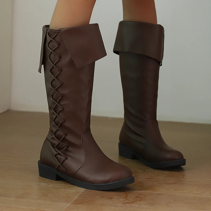 Retro Cross-Tied Flat Mid-Calf Costume Boots for Women