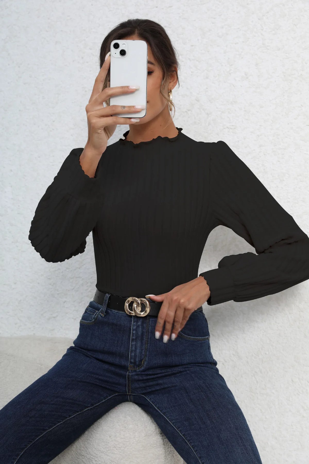 Long Sleeve Ribbed Knit Slim Fit Bodysuit for Women