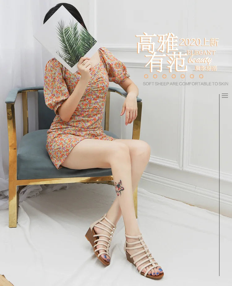 Vintage Hollow Roman Wedge Sandals Round Toe For Women