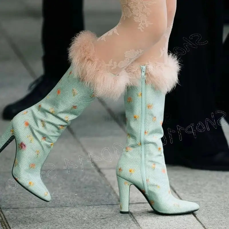 Floral Print Feather Pointed Toe Boots With Side Zipper For Women