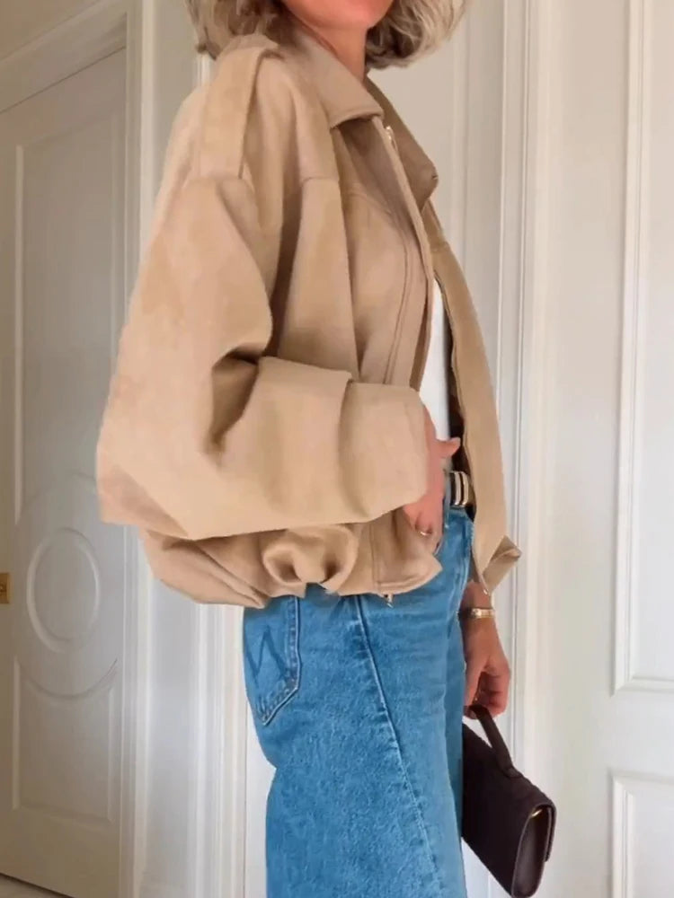 Long Batwing Sleeve Patchwork Zipper Jacket for Women