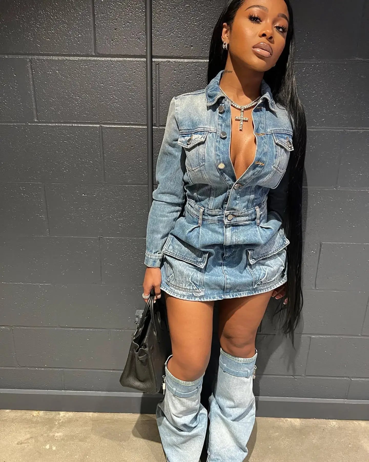 Trendy Chic Lapel Button Denim Three Piece Set for Women