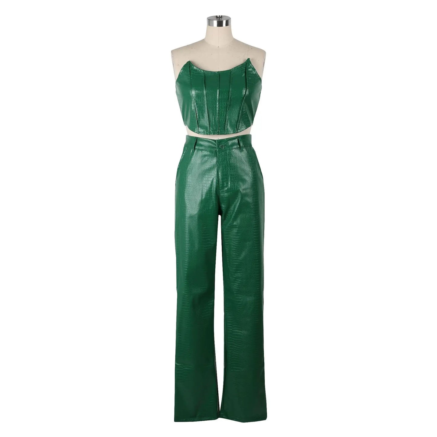 Green Faux Leather Corset Cut-Out Cargo Sleeveless Jumpsuit Set for Women