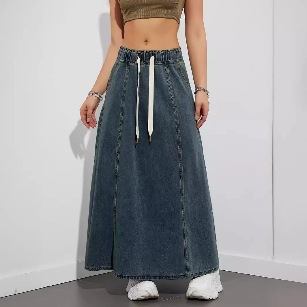 Elastic Waist Lace Up Loose Casual Denim Maxi Skirt for Women