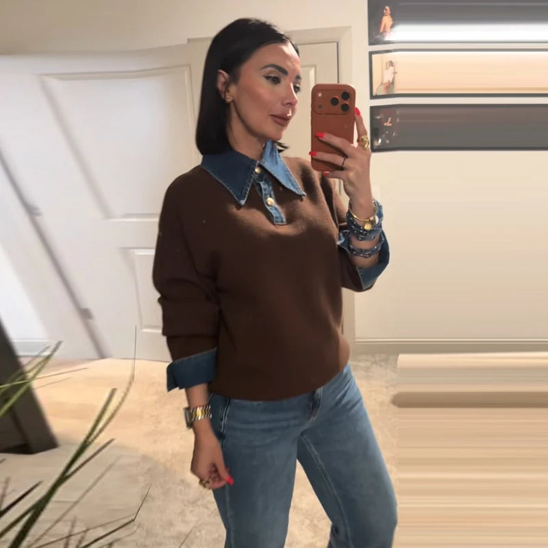 Long Sleeve Denim Collar Half Button Knit Top For Women