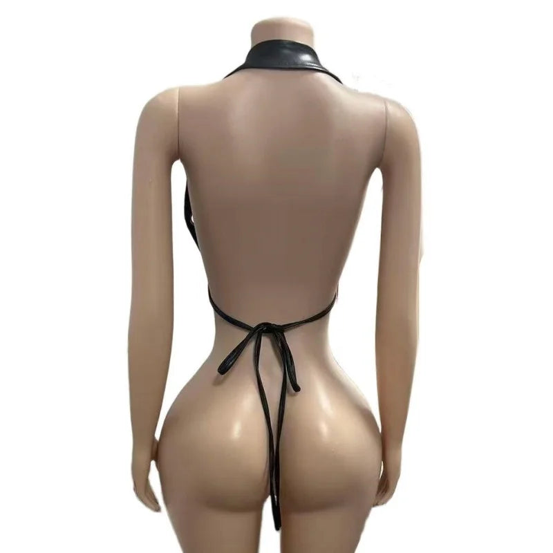Punk Rock Faux Leather Halter Top With Deep V Neck Backless for Women