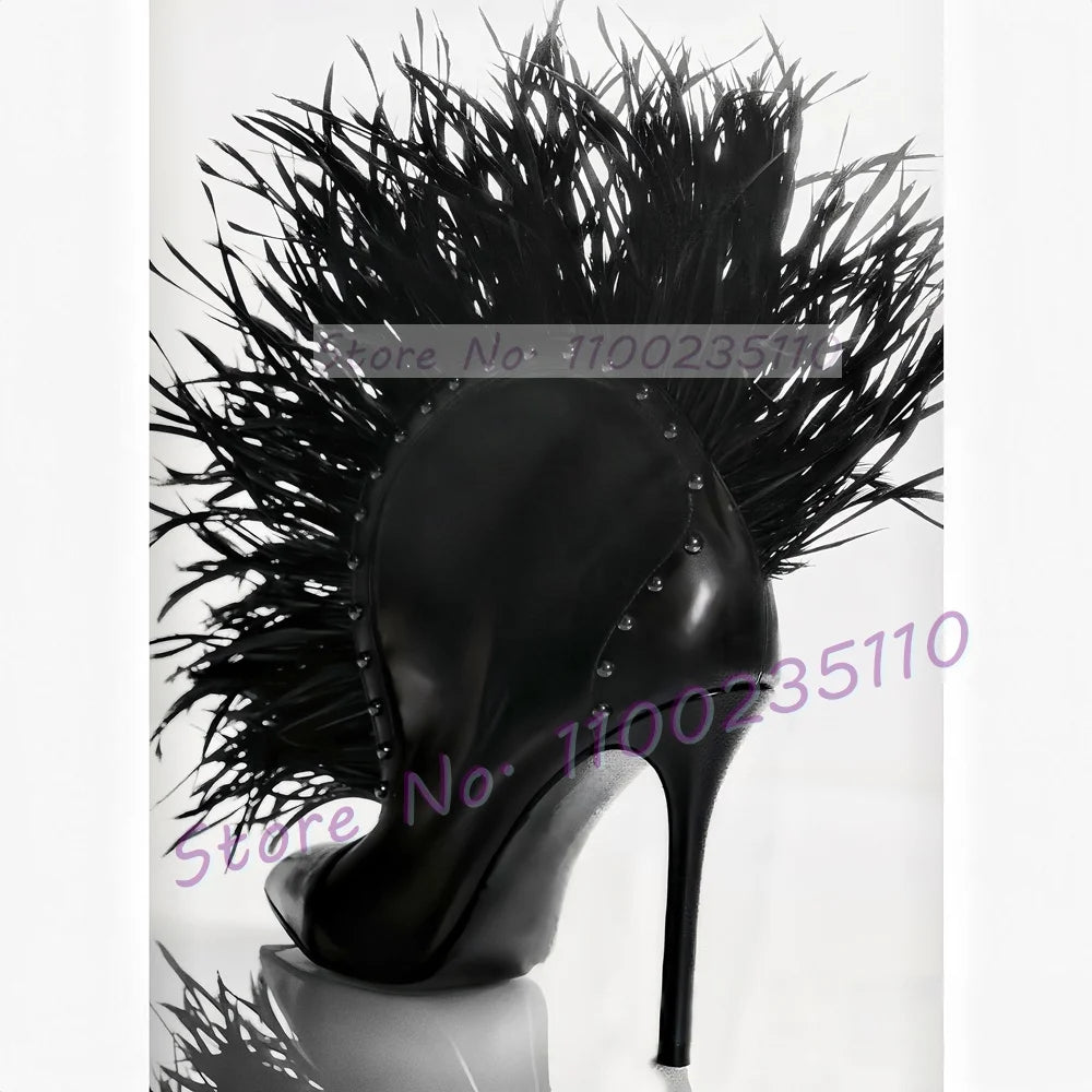 Feather Trimmed Leather Pointy Toe Ankle Boots For Women