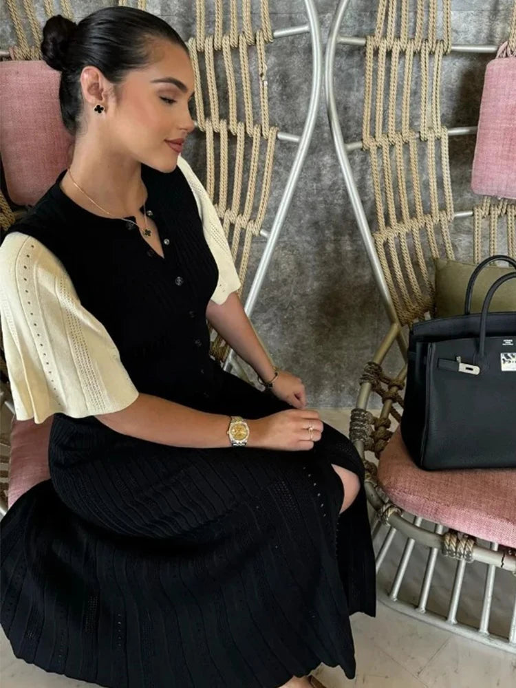 Elegant Pleated Hem Street Fashion O Neck Bell Sleeve Slim Knit Midi Dress 2025 Women Summer Beach Swimsuit Cover Up Tunic A3055