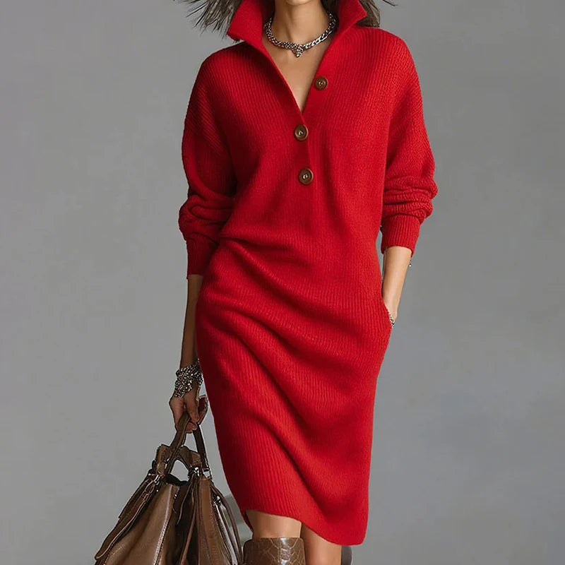 Turn-Down Collar Simple Sweater Dress, Women Autumn Winter Long Sleeve Chic Party Dress, New Solid Patchwork Casual Ladies Dress