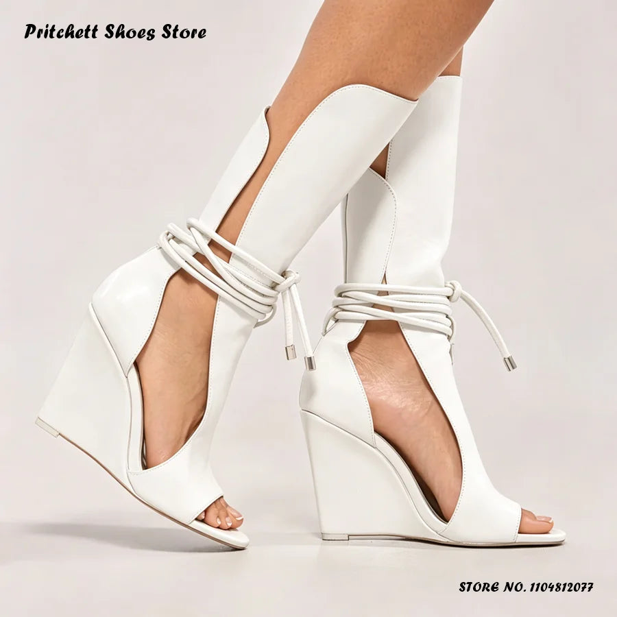 Lace Up Cross Tie Open Toe Wedge Ankle Boots for Women