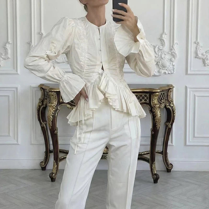 Casual Hollow Out Lace Tie Up Long Sleeve Blouse for Women