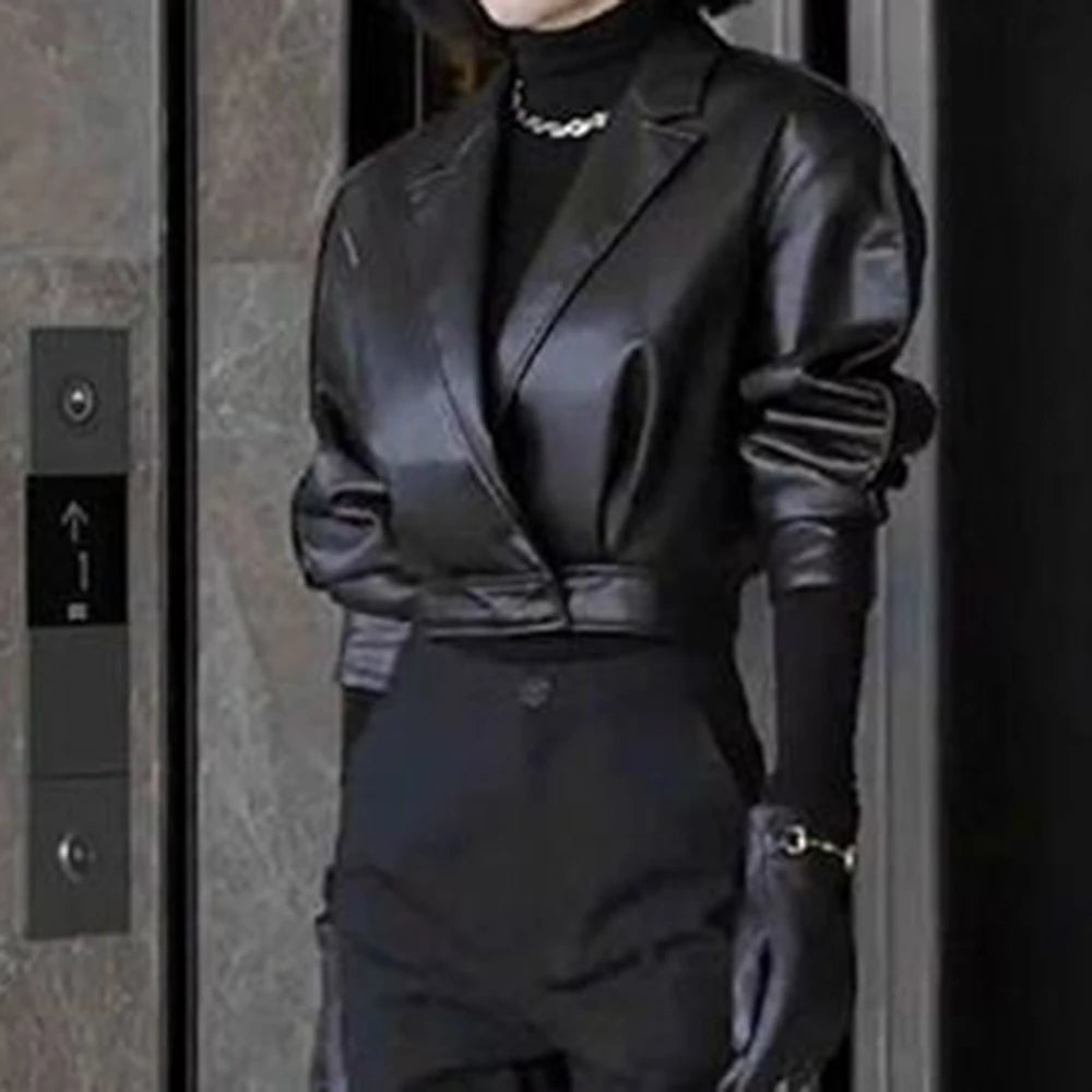Trendy Faux Leather Blazer And Flared Pants Set For Women