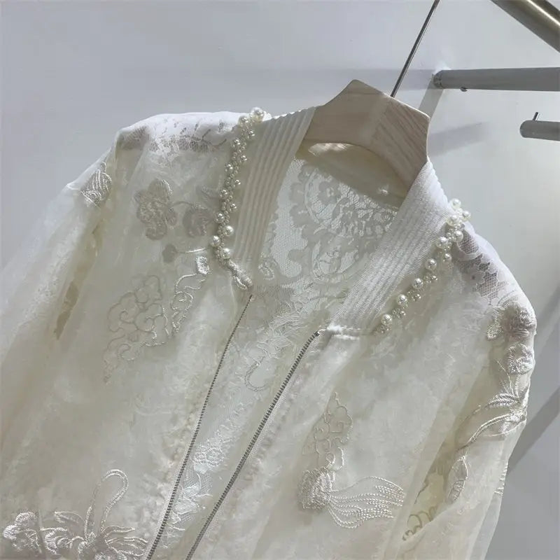 Bead Embroidered Round Neck Baseball Jacket For Women