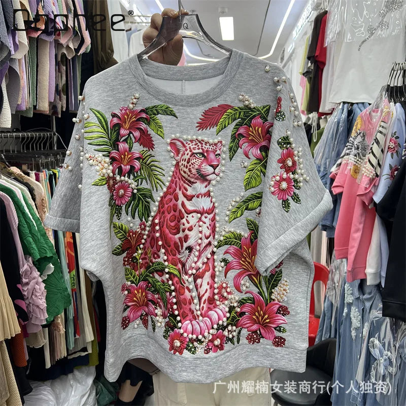 Relaxed Fit Beaded Animal Print Crew Neck Tee For Women