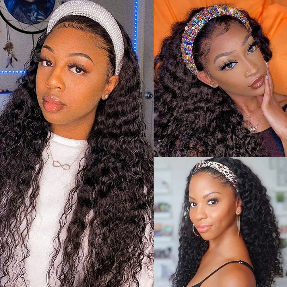 Long Water Wave Human Hair Headband Wig