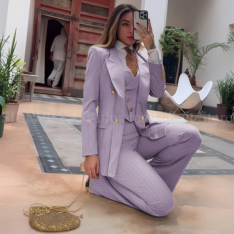 Slim Fit Double Breasted Green Striped Suit Set For Women