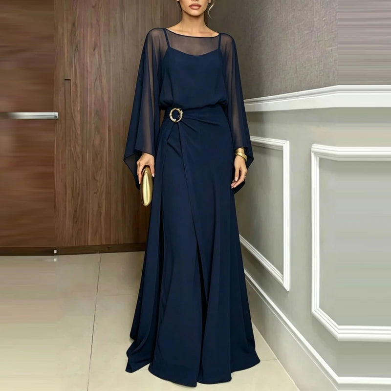 Elegant O-neck Cover Up Playsuit Match Off Shoulder Romper Women Fashion Chiffon Overalls Long Sleeve Solid Wide Legger Jumpsuit