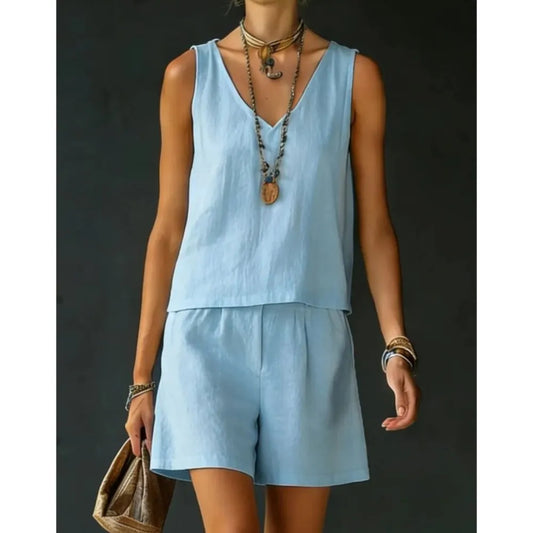 Linen Blend Casual Vest And Shorts Set