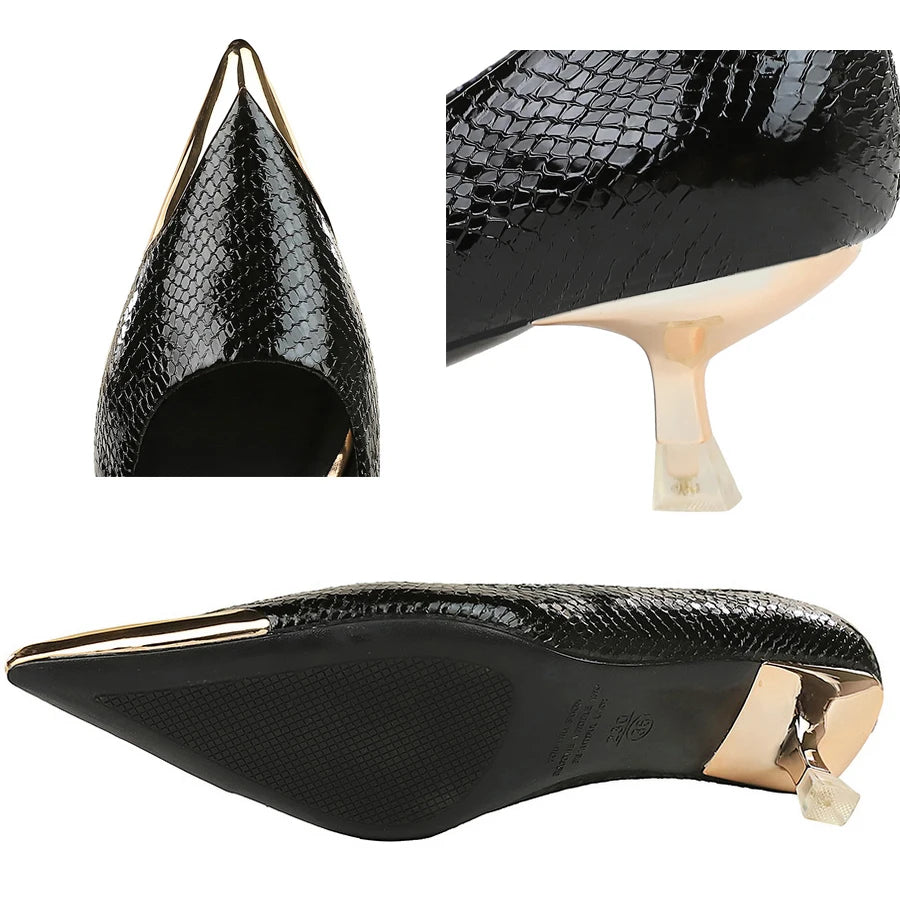 Sequin Snake Pattern Pointed Toe Kitten Heel Pumps for Women