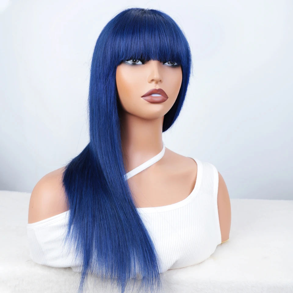 Blue Long Straight Human Hair Wig With Bangs for Women