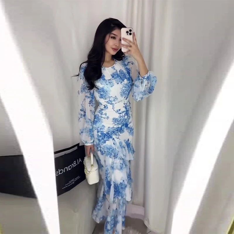 Cascading Ruffle Print Long Sleeve Maxi Dress for Women