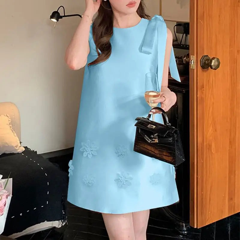 ZANZEA Women Elegant Sleeveless Mini Dress Korean Decor Flower Bow Tank Robe 2024 Autumn Round Neck Vestidos Holiday Party Dress