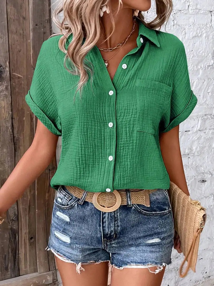 Short Sleeve Cotton Button Down Blouse With Pockets for Women