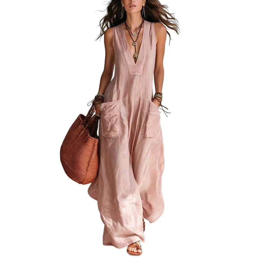 Sleeveless V Neck Loose Wide Leg Casual Jumpsuit For Women