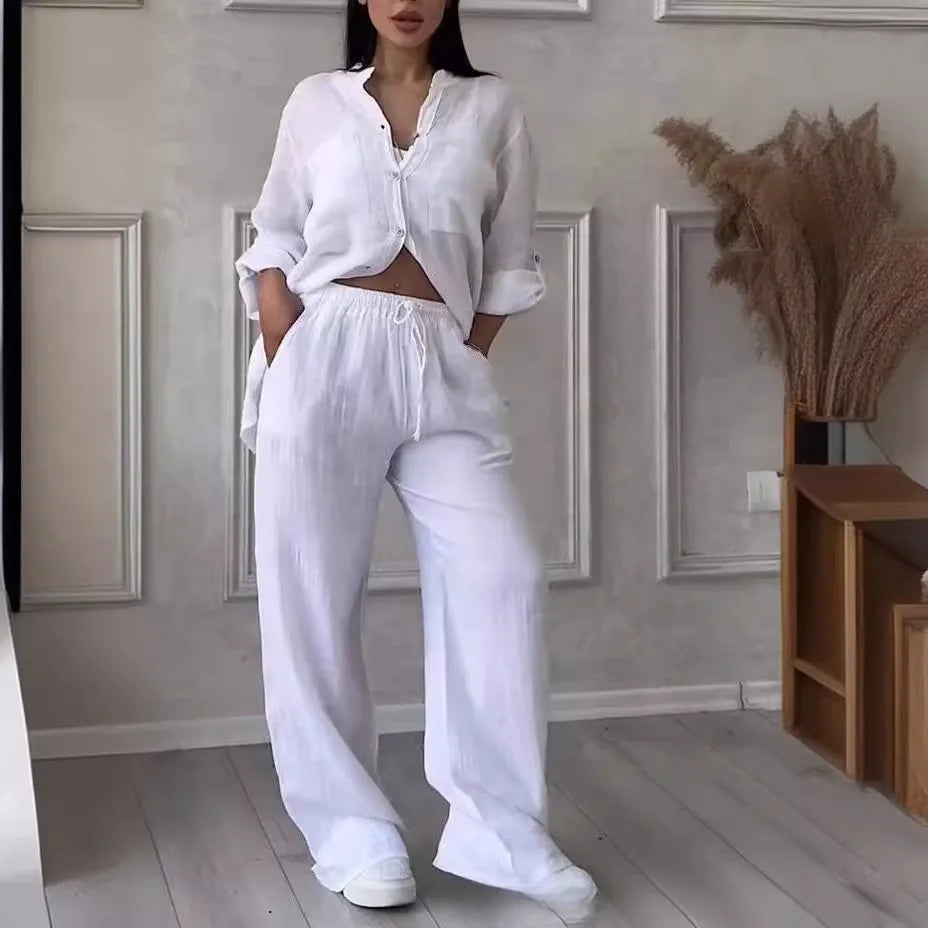 Loose Cotton Linen Shirt And Wide Leg Pants Set For Women