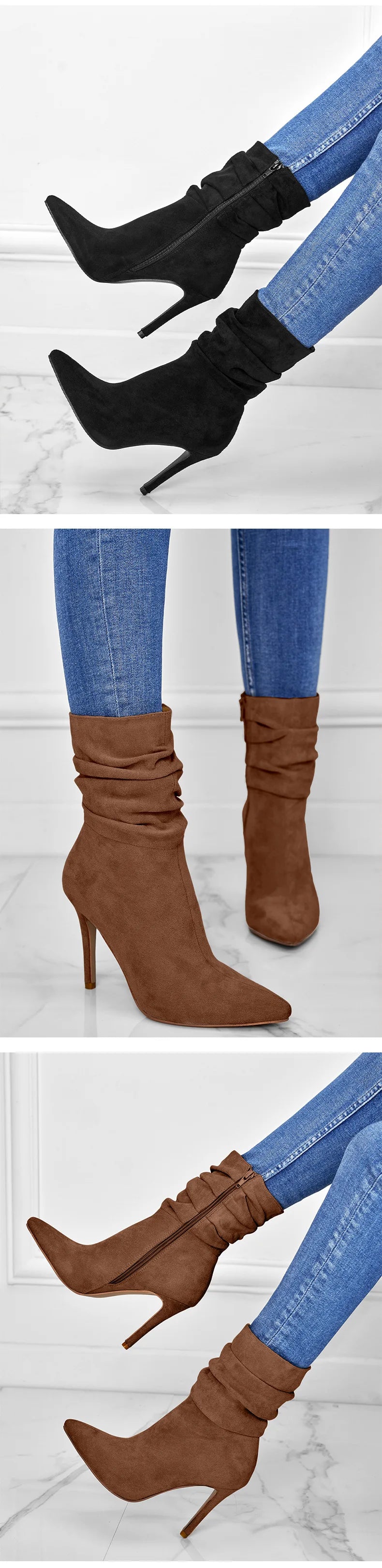 Pointed Toe Suede Ankle Boots With Side Zipper for Women