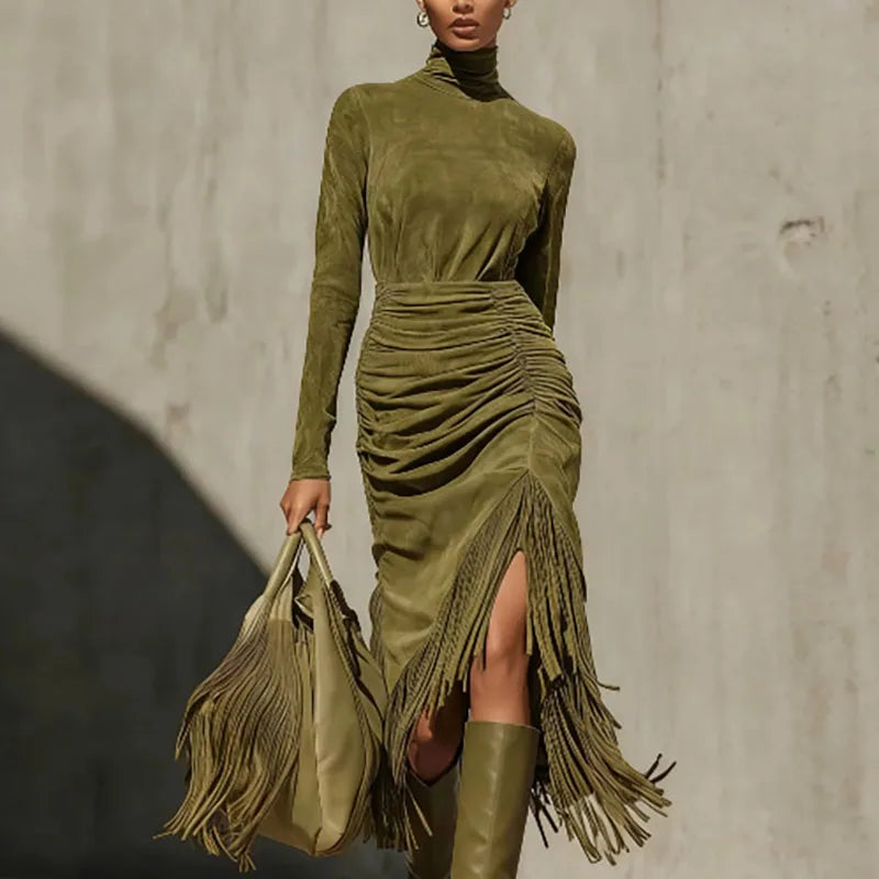 Retro Solid High Waist Tassels Pleated Dress Woman Elegant Turtleneck Irregular Party Dresses Autumn Long Sleeve Slim Sexy Dress