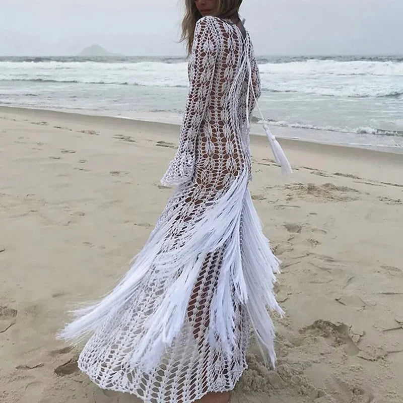 Fashion Fringe Patchwork Slim Long Robe Dress Beach Holiday Hollow Knitted Women's Dress 2025 Casual Summer Long Sleeved Dresses