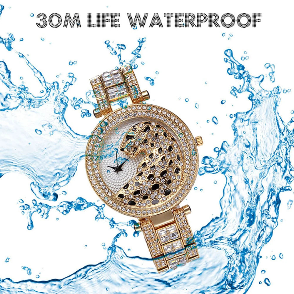 MISSFOX Women Quartz Watch Fashion Bling Casual Ladies Watches Female Quartz Gold Watch Crystal Diamond Leopard For Women Clock