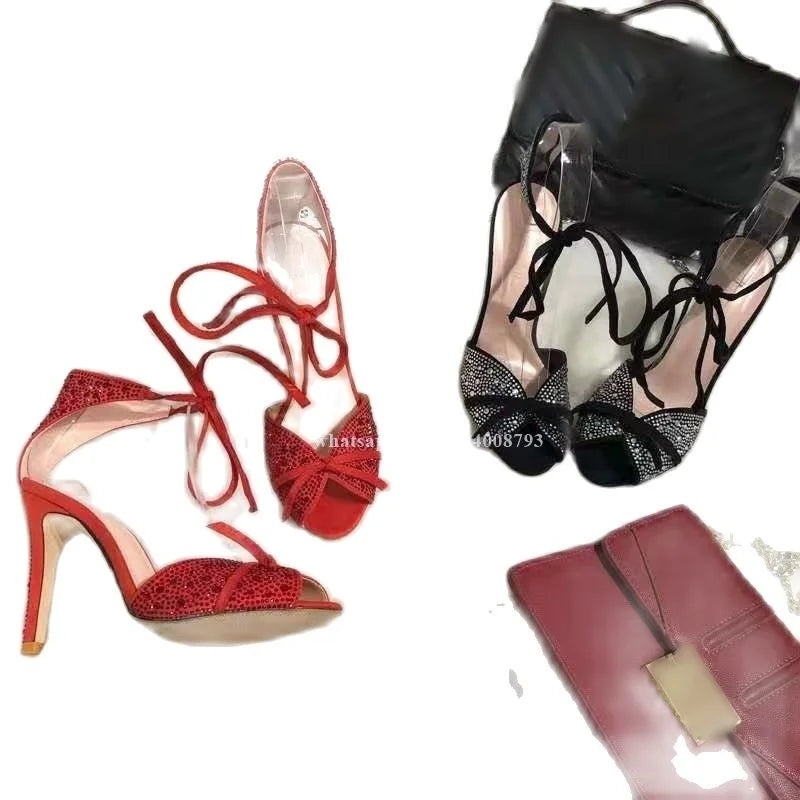 Black Crystal Lace Up Peep Toe Stiletto Sandals for Women